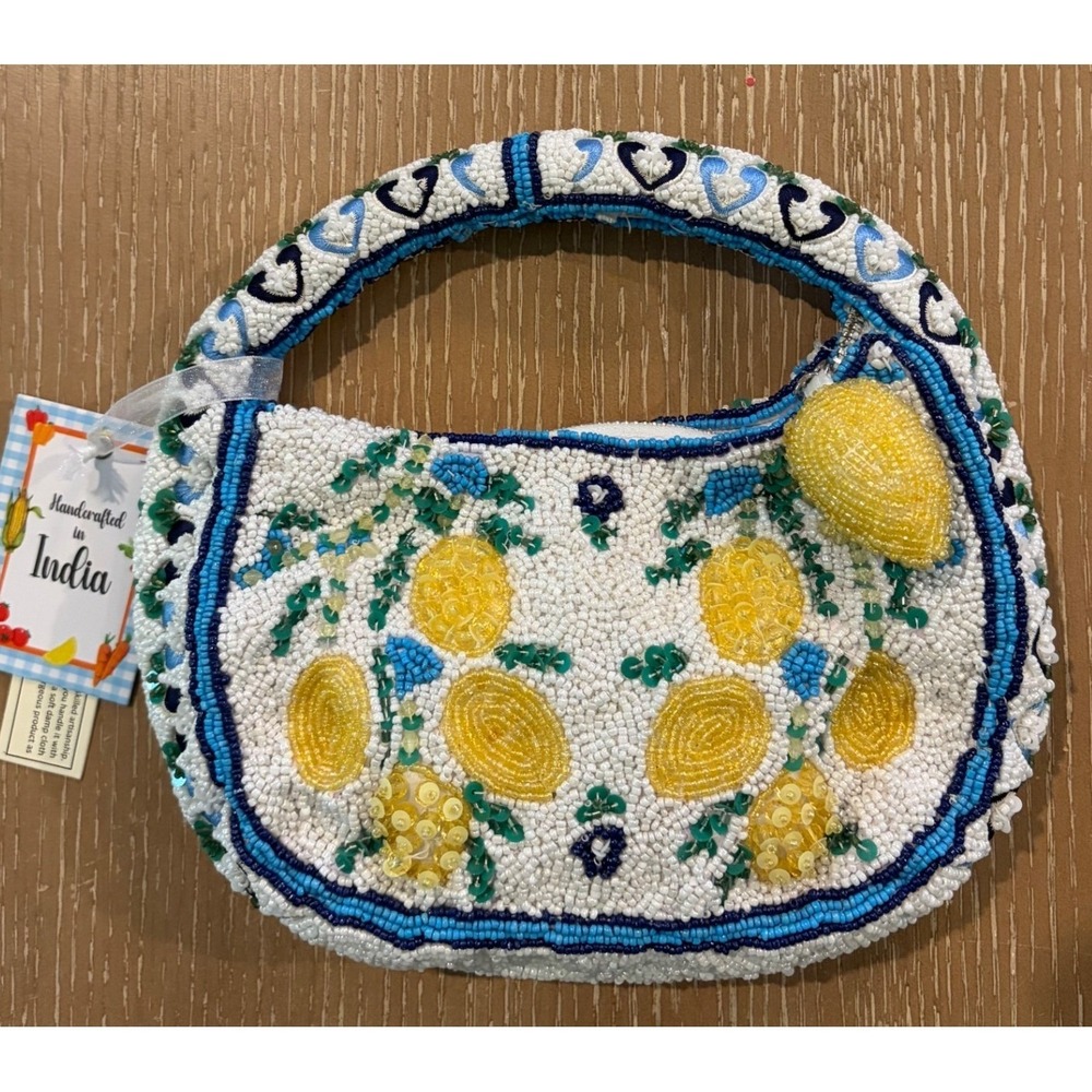 New Handmade From India White/Blue/Yellow Beaded Lemon Mini Bag Viral‎ Tiktok